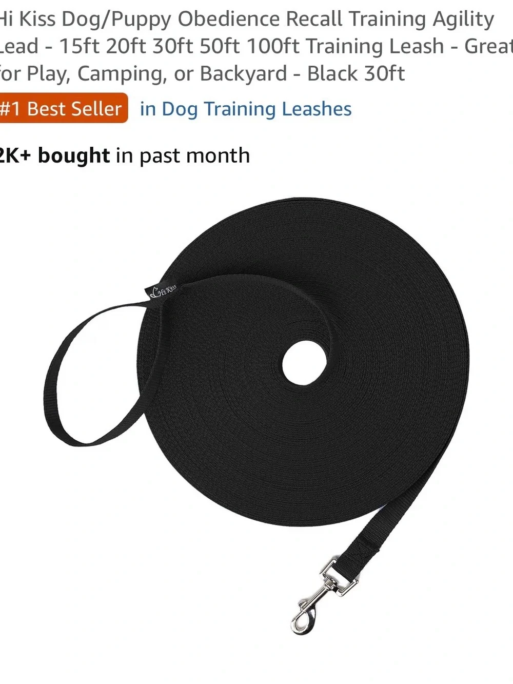 Amazon Black Heavy-Duty Dog Leash with Metal Snap Hook 30 ft